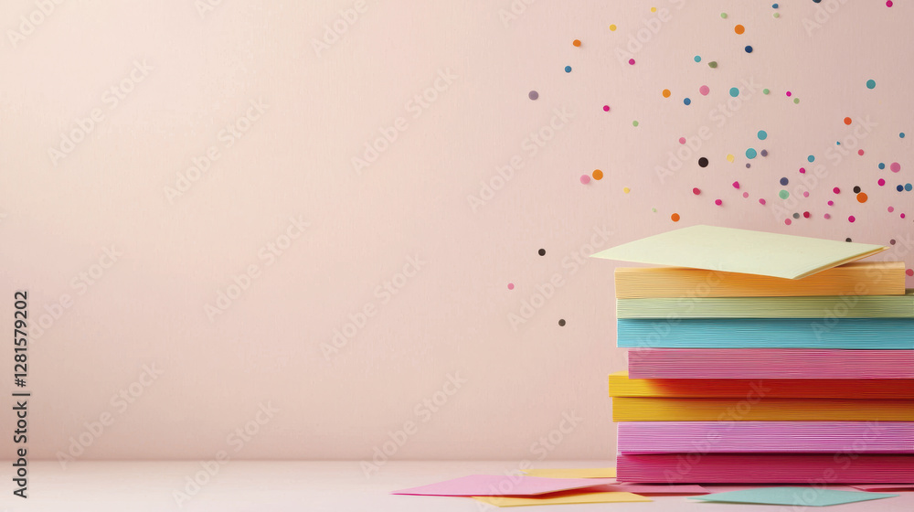 Poster colorful stack of paper sheets with confetti on pastel background, creating cheerful atmosphere