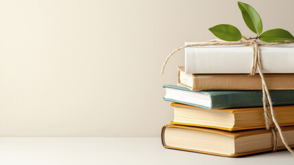 Stack of vintage books tied with twine and adorned with green leaves, creating charming and rustic aesthetic