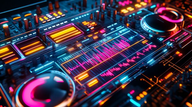 Neon Lit Digital Music Mixer Console Interface