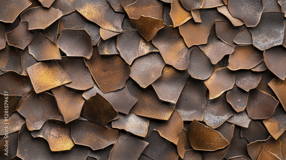 Aufkleber textured abstract background of overlapping metallic pieces in warm tones, creating striking visual 