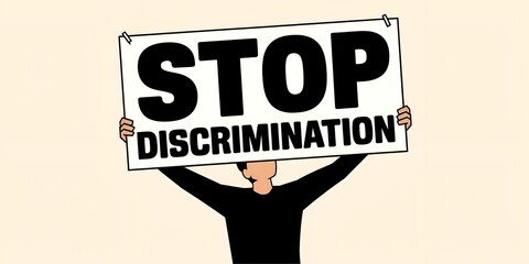 "STOP DISCRIMINATION" creative text banner hold by a boy ,generated by AI