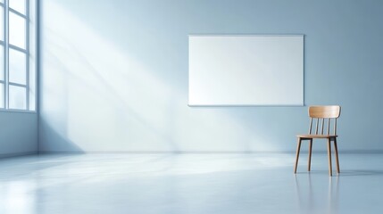Modern minimalist office space, empty room with whiteboard and chair, perfect for brainstorming productivity