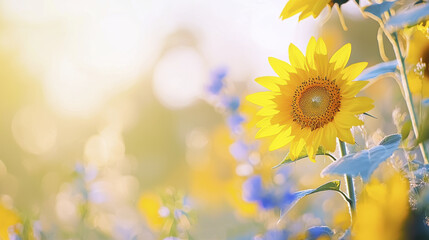 Naklejka premium vibrant sunflower stands out in colorful field of wildflowers, radiating warmth and joy