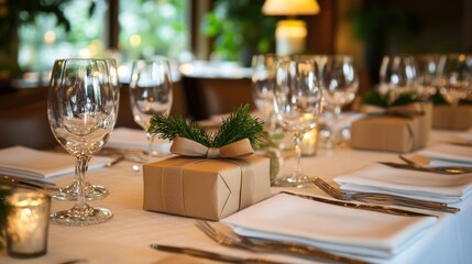 A table setting with a small wrapped gift at each place