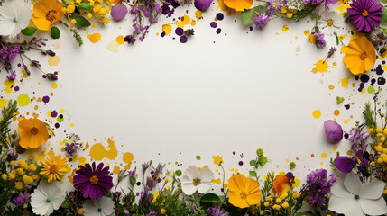 Floral frame with colorful wildflowers and watercolor splashes