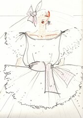 Vintage fashion pencil sketch of a bride's wedding outfit.