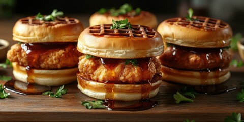 Delicious chicken and waffles stacked with syrup on a wooden table ready for a sumptuous meal