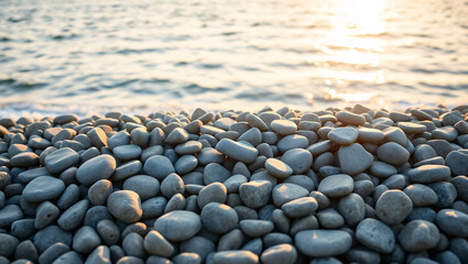 Obraz premium Serene Grey Beach Stones Arrangement with Blurred Ocean Background