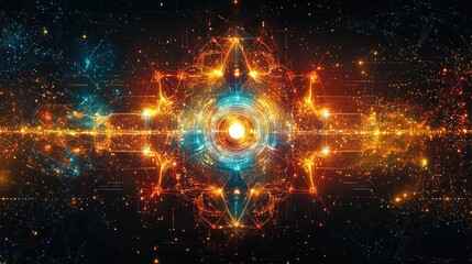 Obraz premium High-tech abstract design with digital data flows, glowing geometric shapes, and tech symbols 