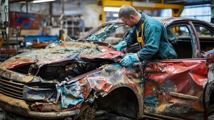 A mechanic working on the body of a damaged car in an auto body shop.