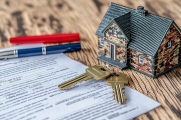 Model House Placed on a Contract With a Pen and Keys Showing the Importance of Real Estate Transactions and Home Ownership in Financial Planning