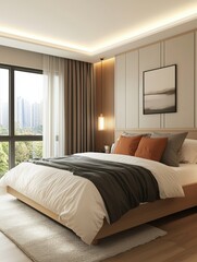 Obraz premium An elegant bedroom with a bed and window view