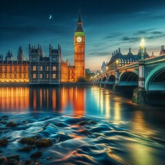 Naklejka premium Big Ben Houses of Parliament and Westminster Bridge on a beautiful summer night in London UK