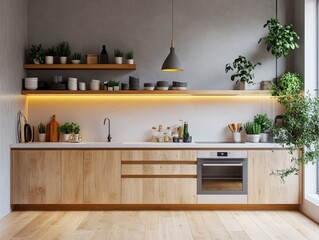 Fototapeta premium Modern wooden kitchen with plants and natural light providing aesthetics