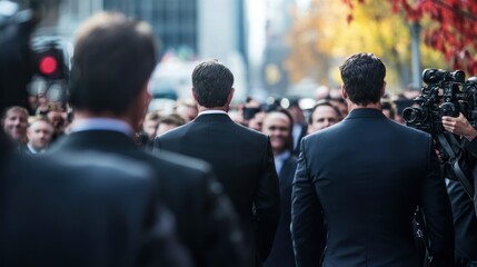 A Secret Service team escorting a high-profile politician through a crowd.