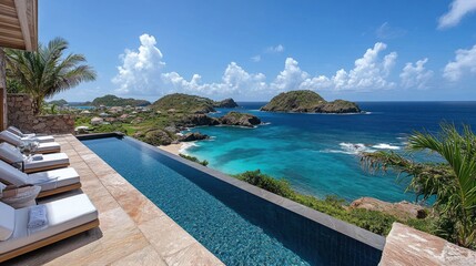 Naklejka premium Infinity Pool Overlooking Tropical Ocean Island Vista