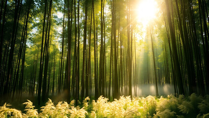 Ethereal Bamboo Forest with Golden Sunbeams and Misty Ground Cover