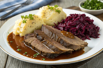 Marinated baked beef on a wooden platter with braised red cabbage and drizzled with sauce. Ideal for menu backgrounds, restaurant adverts, cookery blogs, European cuisine, and food websites.