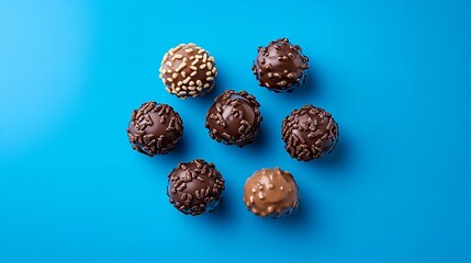 Assorted chocolate truffles on a blue background. Sweet treats, delicious dessert.