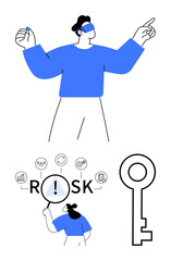 Blindfolded figure pointing, individual analyzing RISK text with icons, large key symbol. Ideal for problem-solving, decision-making, foresight, security, challenges, leadership abstract line flat