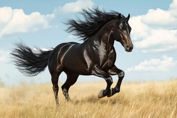 Illustration of a sleek black stallion galloping through an open field, its flowing mane catching the wind. The powerful muscles and dynamic movement convey a sense of energy, freedom, and wild beauty