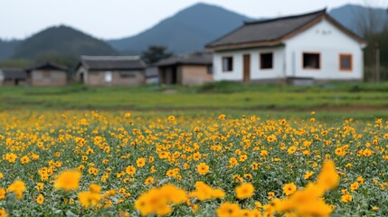 Fototapeta premium Vibrant Flower Field Near Traditional House in Serene Landscape