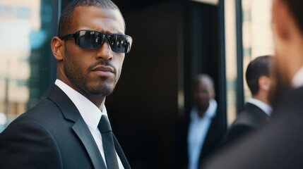 Fototapeta premium A bodyguard conducting a security check at a private event entrance.