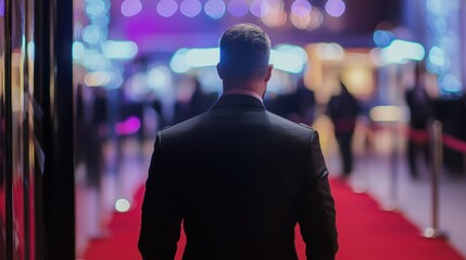 A bodyguard conducting a security check at a private event entrance.