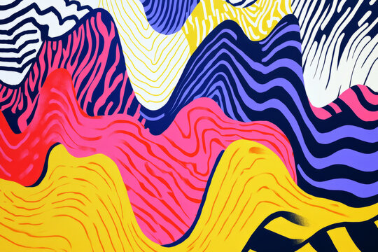 Illustration of a series of wavy lines and zigzag patterns in bold, contrasting colors. The dynamic movement and rhythm of the design evoke a sense of modernity and playful energy, ideal for