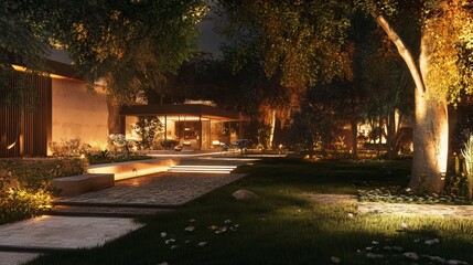 Serene Evening Landscape With a Modern House Illuminated by Soft Garden Lights Under a Full Moon in a Quiet Neighborhood
