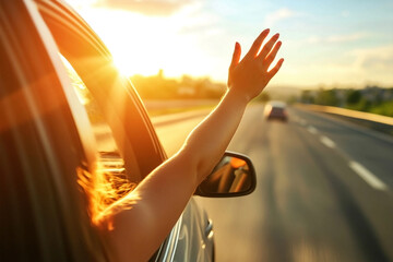 A person extends their arm out of a car window during golden hour, waving as they drive