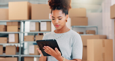 Tablet, delivery and shipping with woman in warehouse for logistics route, tracking code and cargo...