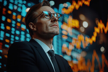 Investor contemplating market trends in a high-tech financial environment during the evening