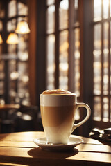 A steaming cup of coffee, rich and aromatic, with a creamy swirl, inviting warmth and comfort in every sip