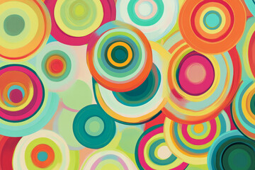 Illustration of concentric circles in various sizes, filled with bright, contrasting colors like coral, turquoise, and lime green. The repetition and vivid hues create a playful and energetic abstract