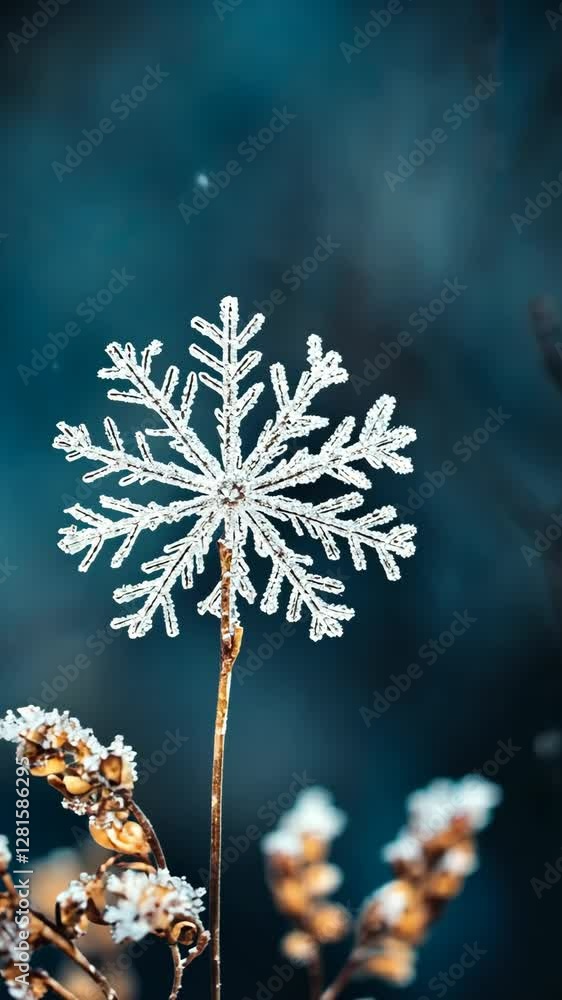 Poster intricate snowflake resting on a dried stem amidst soft blue background in a frozen landscape during