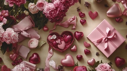 "An artistic flat lay of Valentine's Day gifts and pink floral accents