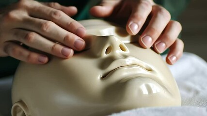 Hands performing chest compressions on a CPR mannequin