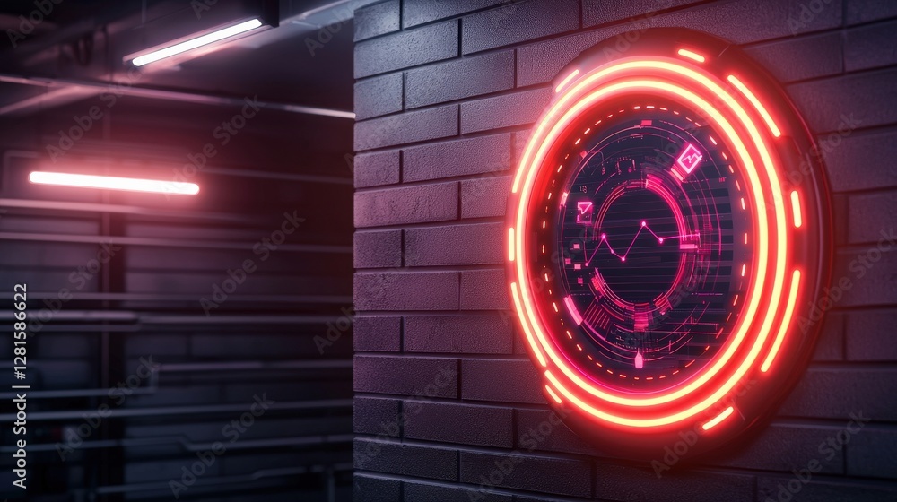 Poster efficiency increase speed management concept. futuristic neon clock on a textured wall in a dark env