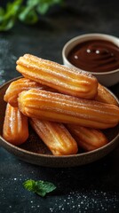 A delicious plate of churros served with a side of chocolate dip. Perfect for dessert promotions, sweet treats, and indulgent moments.