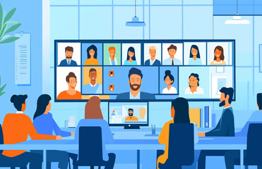 Business Team in Office Conducting Online Meeting via Video Conference with Remote Colleagues on Digital Screen 