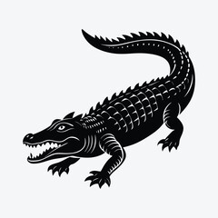 A black and white illustration of an alligator.