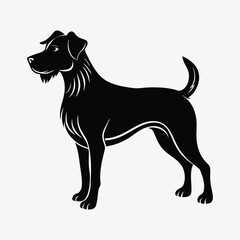 black and white silhouette of a dog on a white background.