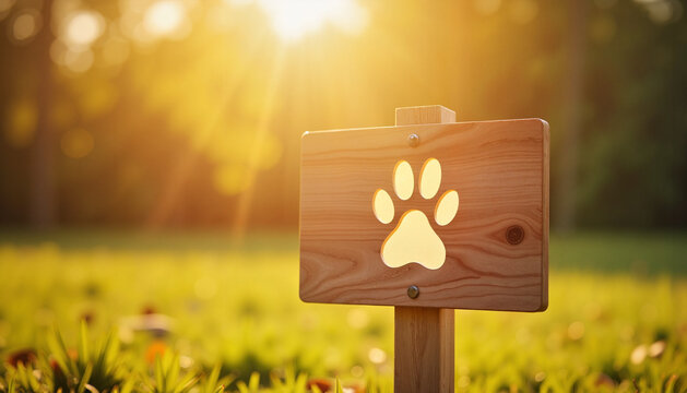Wooden adoption sign with paw print, heartwarming mood, glowing softly in golden sunlight, pet adoption fair