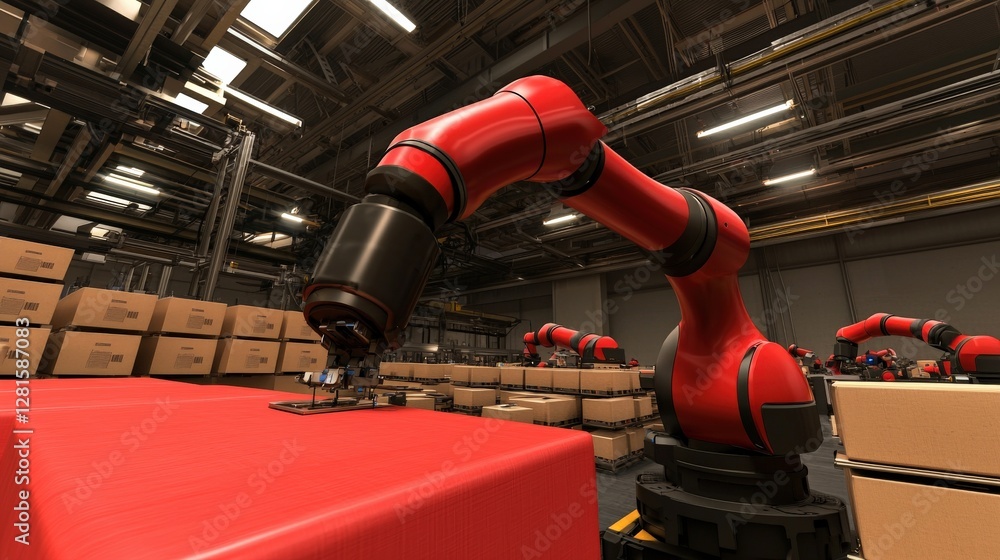 Poster efficiency increase speed management concept. industrial robotic arm in a warehouse setting with box