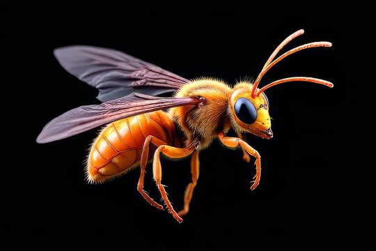 Detailed Close-up of a Flying Orange and Black Wasp
