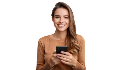 Fototapeta premium Smiling young woman holding smart phone isolated on transparent background