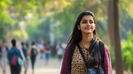 Fototapeta premium Beautiful Indian student walking in a campus park, wearing casual clothes and a backpack, looking up with a hopeful expression
