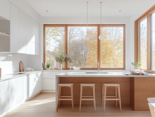 Fototapeta premium An elegant white minimalist kitchen with a large window