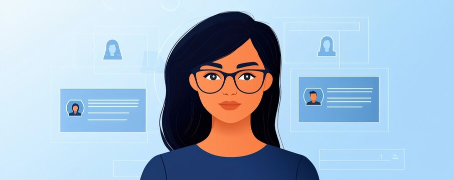 Efficiency increase speed management concept. Digital illustration of a woman with glasses, surrounded by social media icons.